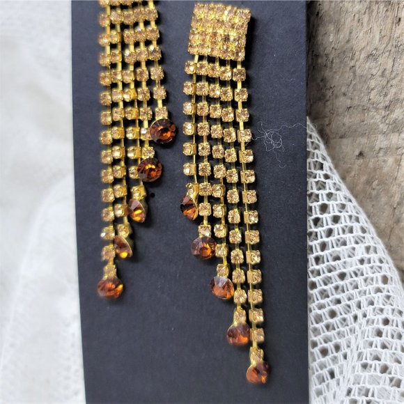 Topaz Long Dangle Rhinestone Earrings Pierced Posts Golden - Picture 3 of 6